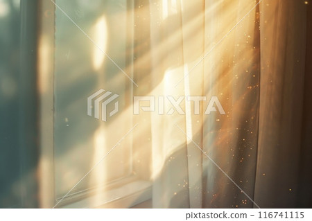 Sunlight Filtering Through Sheer White Curtains in a Serene Minimalist Room 116741115