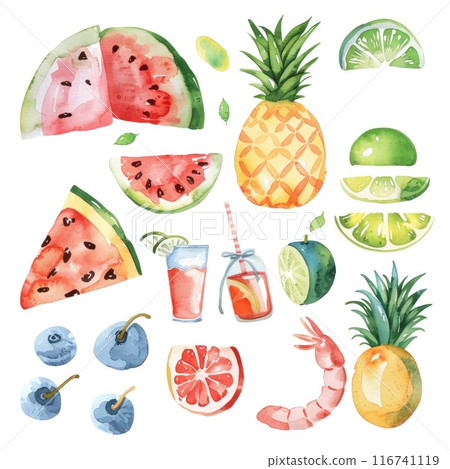 Fresh Summer Fruits and Refreshing Drinks with Watercolor Illustrations 116741119