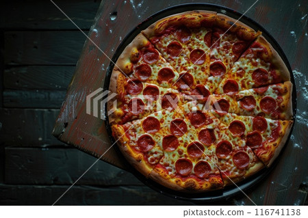 Delicious Pepperoni Pizza with Fresh Arugula Garnish on Wooden Table 116741138