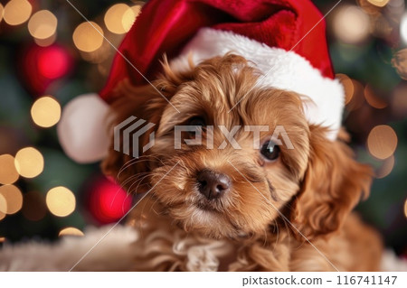 Adorable Puppy in Santa Hat Lying on Knitted Blanket with Festive Background Lights 116741147