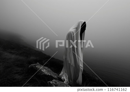 Mystical Figure in White Sheet in Spooky Field Mystical Figure in White Sheet in Spooky Field 116741162