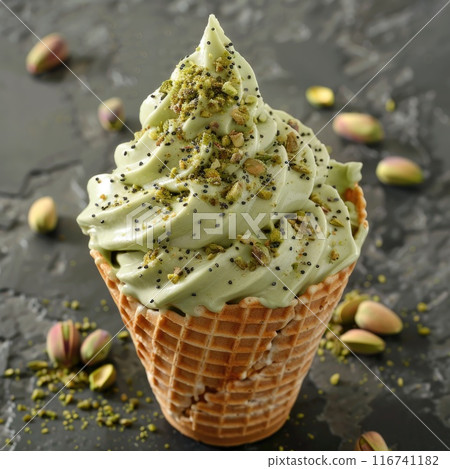 Pistachio Ice Cream Cone with Mint Garnish on Dark Background Pistachio Ice Cream Cone with Mint Garnish on Dark Background 116741182