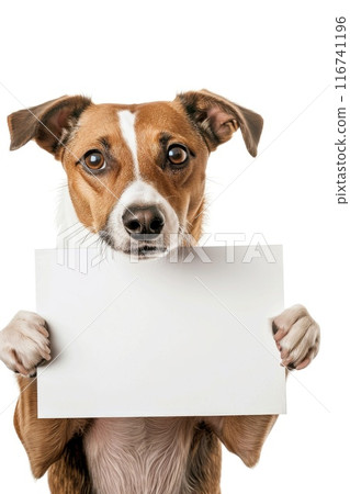 Adorable Dog Holding Blank Sign - Perfect for Messages and Announcements Adorable Dog Holding Blank Sign - Perfect for Messages and Announcements 116741196