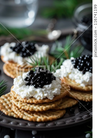Gourmet Cracker Appetizer with Black Caviar and Cream Cheese on Elegant Plate 116741199
