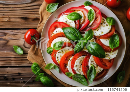 Fresh Caprese Salad with Tomatoes, Mozzarella, and Basil on Rustic Dark Table 116741206