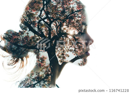 Eco-Consciousness: Woman's Silhouette Merged with Lush Tree Canopy Eco-Consciousness: Woman's Silhouette Merged with Lush Tree Canopy 116741228