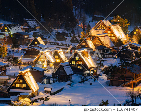 High angle twilight view of the landscape from Ogimachi Castle Observation Deck 116741407