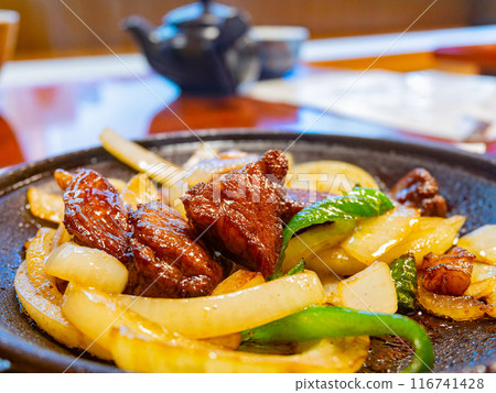 Close up shot of delicious fried beef with onions 116741428