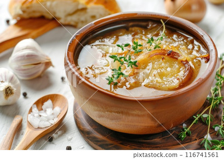 Delectable French Onion Soup in Ceramic Bowl Topped with Melted Cheese and Fresh Herbs Delectable French Onion Soup in Ceramic Bowl Topped with Melted Cheese and Fresh Herbs 116741561