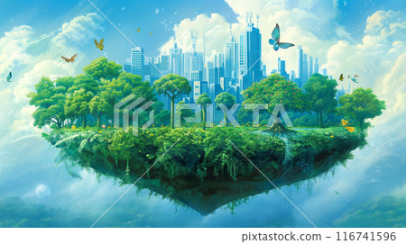 Floating island of trees and vegetation with a futuristic city, birds and butterflies flying around 116741596