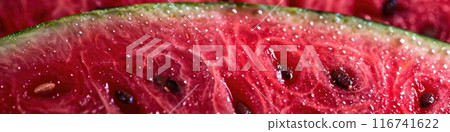 Vibrant Watermelon Slice Close-up with Glistening Juice Droplets Vibrant Watermelon Slice Close-up with Glistening Juice Droplets 116741622