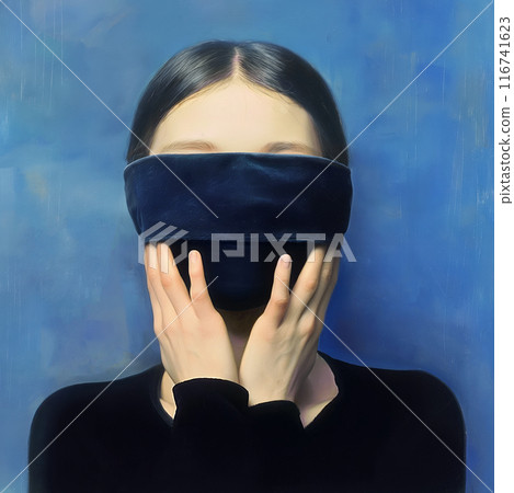 Woman with dark hair and black clothing covering her eyes and mouth with a black blindfold 116741623