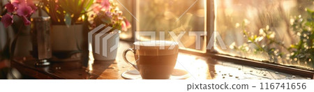 Serene Morning Coffee by Sunny Window in Cozy Setting 116741656
