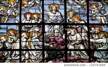 Jesus in glory and the apostles by Edouard Amedee Didron, stained glass window in Saint Thomas Aquinas in Paris, France 116741684