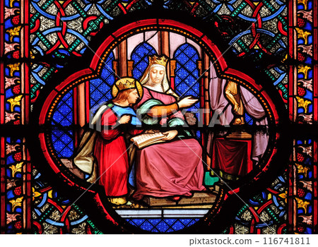 Education of Saint Louis by Blanche de Castille, stained glass window in the Basilica of Saint Clotilde in Paris, France 116741811