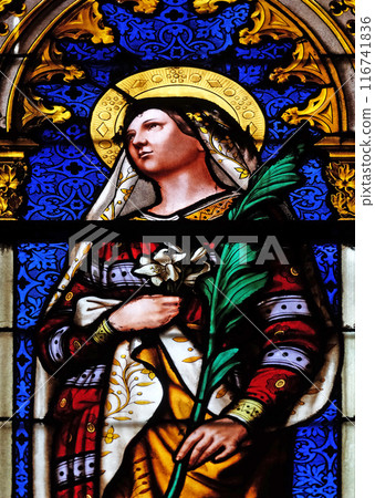 Saint Christina, stained glass window in the Basilica of Saint Clotilde in Paris, France 116741836
