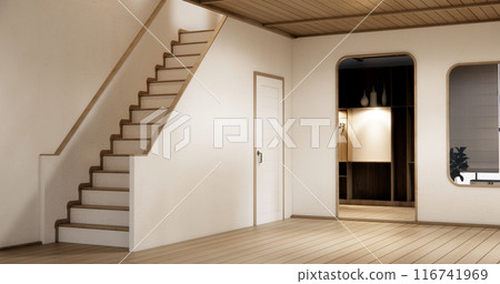 Stairs wooden in modern room with white wall with wood wall design. Stairs wooden in modern room with white wall with wood wall design. 116741969
