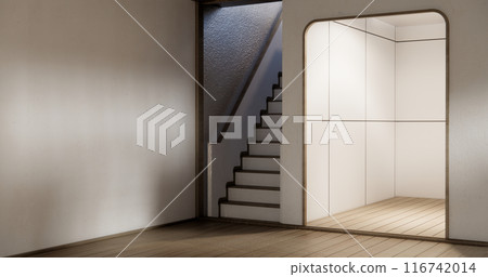 Stairs wooden in modern room with white wall with wood wall design. Stairs wooden in modern room with white wall with wood wall design. 116742014