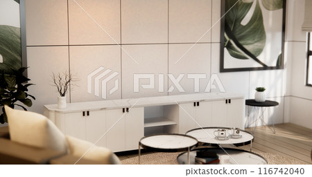 Cabinet on empty room with decoration ,lamp, plants, carpet 116742040