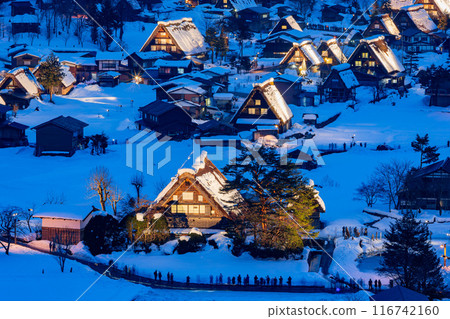 High angle twilight view of the landscape from Ogimachi Castle Observation Deck 116742160