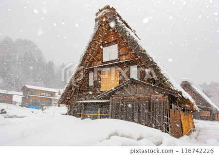 Daytime snowy landscape of the famous Gassho Zukuri Folk Village Daytime snowy landscape of the famous Gassho Zukuri Folk Village 116742226