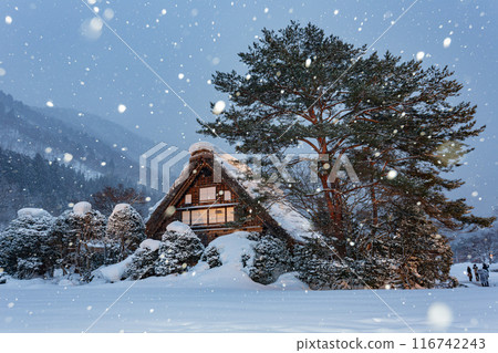Twilight snowy landscape of the famous Gassho Zukuri Folk Village 116742243