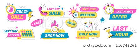 Last time offer badges or big sales labels with alarm clock, calendar, stopwatch icon 116742261