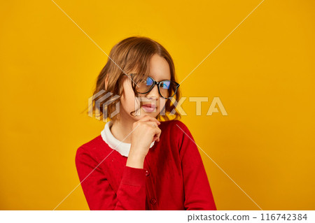 Girl in Red Shirt Wearing Glasses 116742384