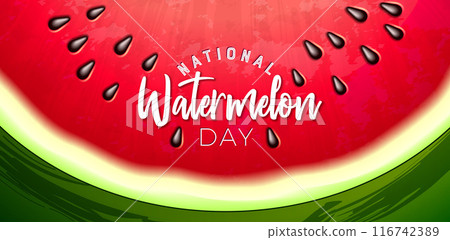 National Watermelon Day Design with Fresh Tropical Fruit Slice on Green Background. August 3 Vector Celebration Holiday Illustration with Typography Letter for Banner, Greeting Card, Flyer National Watermelon Day Design with Fresh Tropical Fruit Slice on Green Background. August 3 Vector Celebration Holiday Illustration with Typography Letter for Banner, Greeting Card, Flyer 116742389