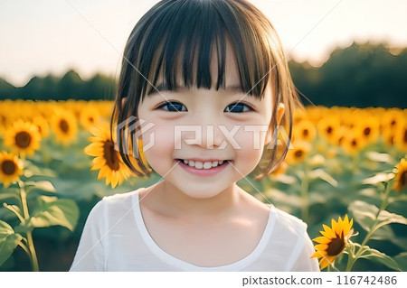 一個女孩站在向日葵田裡 一個女孩站在向日葵田裡 116742486
