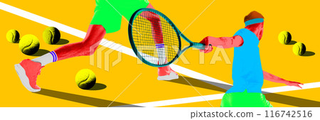 Pop art style design within male tennis player in sportswear in motion, hitting ball with racket against bright yellow tennis stadium. Contemporary art collage. 116742516