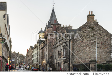 Clock tower of the famous Canongate Tolbooth (The Tolbooth Tavern). 116742533