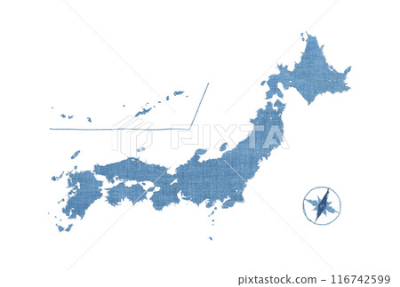 A light blue map of Japan drawn on vintage indigo-dyed fabric A light blue map of Japan drawn on vintage indigo-dyed fabric 116742599