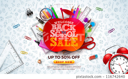 Back to School Sale Design with Alarm Clock, Apple Symbol and School Items on Hand Drawn Doodles Background. Vector Education Business Concept Illustration with Special Offer Typography Elements for 116742640