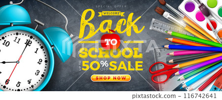 Back to School Sale Design with Alarm Clock, Colorful Pencil, Brush and School Items on Blue Hand Drawn Doodles Background. Vector Business Concept Illustration with Special Offer Typography Elements Back to School Sale Design with Alarm Clock, Colorful Pencil, Brush and School Items on Blue Hand Drawn Doodles Background. Vector Business Concept Illustration with Special Offer Typography Elements 116742641