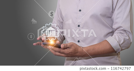 Young male businessman using a smartphone, online banking and internet, internet financial transactions, investors using the internet to make financial transactions with online banking 116742797