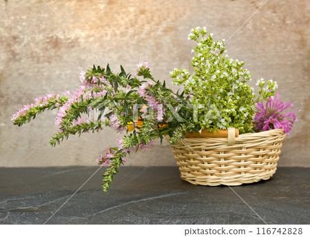 Fresh aromatic herbs in a basket on the stone. Fresh aromatic herbs in a basket on the stone. 116742828