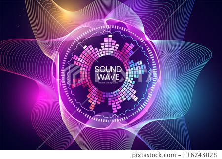 Colorful vibrant gradient curve sound waves, radial music sound equalizer, vector electronic background with blur flares 116743028