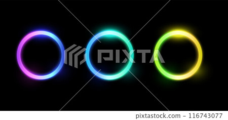 Vector neon glowing rings on black isolated background. Vector neon glowing rings on black isolated background. 116743077
