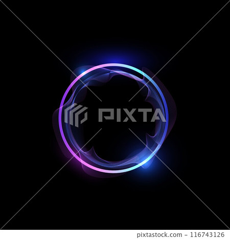 Neon gradient line circle frame with wavy motion blur effect, vector glowing colorful round border, vibrant bright ring 116743126