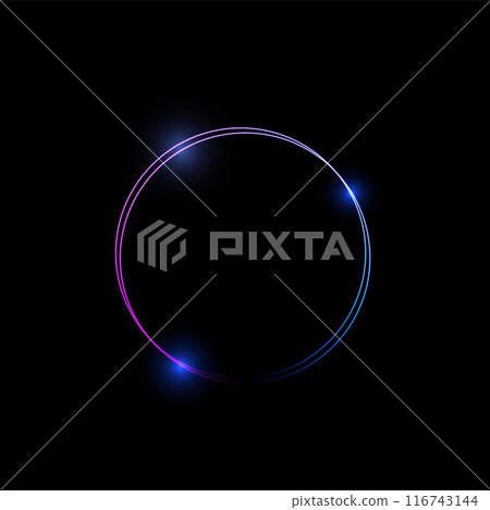 Neon gradient line dual circle frame with spark lights, vector glowing energy round border, realistic ring light effect Neon gradient line dual circle frame with spark lights, vector glowing energy round border, realistic ring light effect 116743144