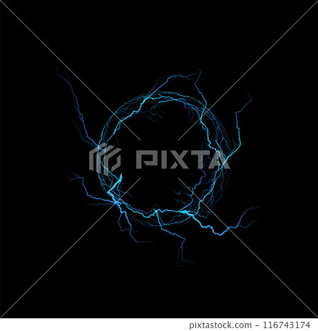 Magic circle of thunderbolt blue bolt lightning effect, vector realistic electricity blast effect ring shape light rays Magic circle of thunderbolt blue bolt lightning effect, vector realistic electricity blast effect ring shape light rays 116743174