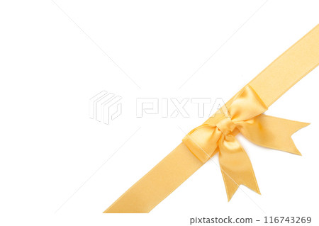 Beautiful gold ribbon and bow isolated on white background. Beautiful gold ribbon and bow isolated on white background. 116743269