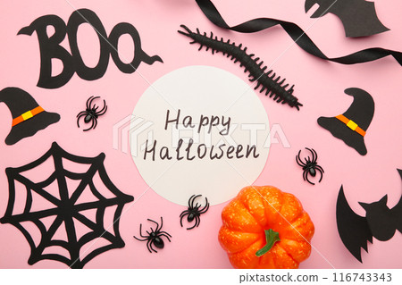 Halloween composition with spiders and bats on pink pastel background. View from above 116743343