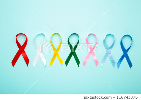 Collection of awareness ribbons on blue. World cancer day 116743370