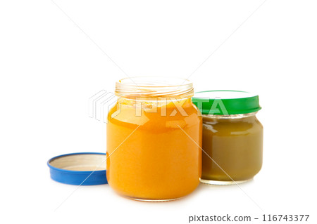Glass jars with nutrient baby food isolated on white background 116743377