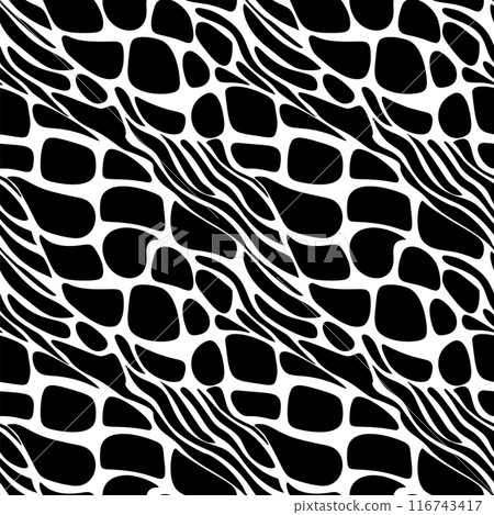 Black and White Abstract Animal Skin Print Spots and Stripes Diagonal Illusion Vector Seamless Pattern for Fashion Fabric Textile Designs or Wallpaper 116743417