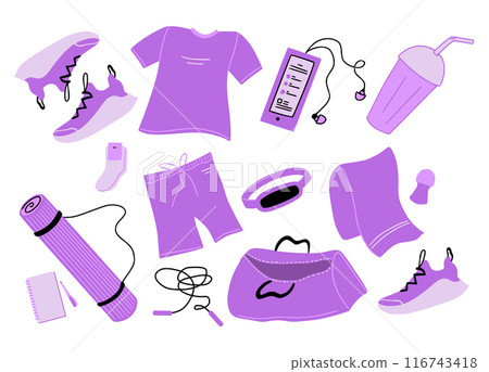 Fitness Set or Gym Sportswear and Stuff, Sport Supply. Yoga Mat, Bottle, Socks and Sneakers Vector Isolated Cute Objects Collection 116743418