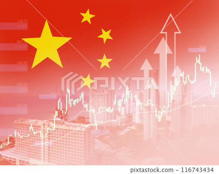 China flag background, China Business arrow up and Financial and real estate stocks market graph of Chinese, Downtown and Financial District City of China's, Global trade competition. 116743434