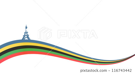 Colored Olympic Games France 2024 abstract curved rainbow wave with eiffel tower logo isolated on white baclground. Colorful Olympic Games france 2024 banner, corner and poster design template Colored Olympic Games France 2024 abstract curved rainbow wave with eiffel tower logo isolated on white baclground. Colorful Olympic Games france 2024 banner, corner and poster design template 116743442